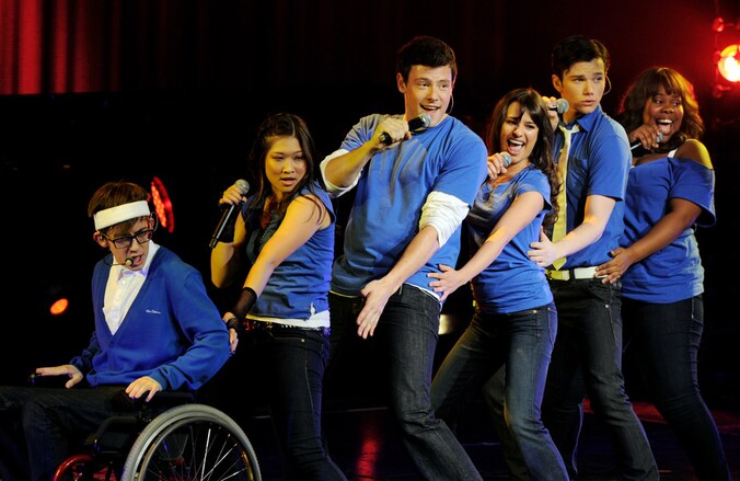 v.l.n.r.: Jenna Ushkowitz, Cory Monteith, Lea Michele, Chris Colfer en Amber Riley