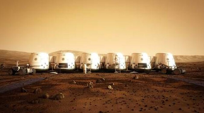 Een impressie van Mars One hoe het dorp op de Rode Planeet er in 2023 zou moeten uitzien