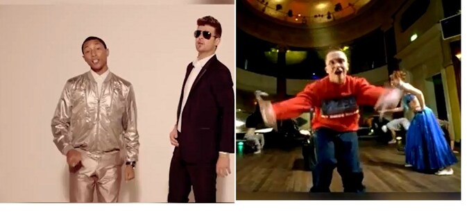 Pharrell Williams (links) en Robin Thicke, rechts de Nederlandse rapper Brainpower.