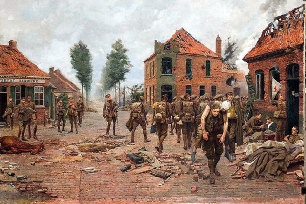 Het schilderij 'The Menin Crossroads' toont hoe Tandey een gewonde soldaat op de rug draagt.