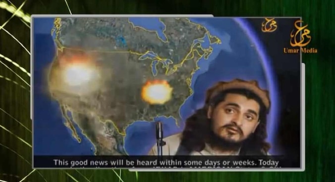 Screenshot uit de video met explosies in de VS. Hoewel die zich op de kaart niet voordoen in Washington en New York, worden in de video wel tegen die steden dreigementen geuit.