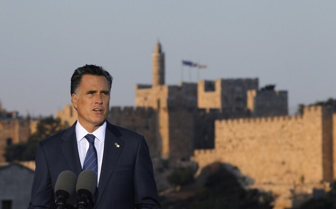 De Republikeinse presidentskandidaat Mitt Romney bij zijn bezoek aan Jeruzalem.
