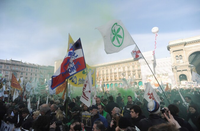 De Milanese Lega-aanhang demonstreerde in januari tegen de besparingsplannen van de regering Monti.