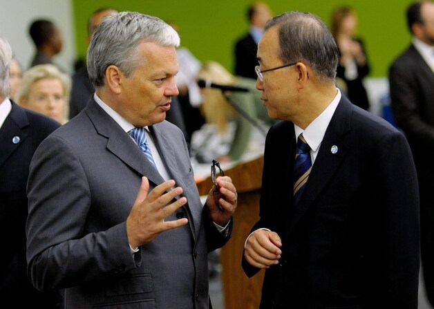 Minister van Buitenlandse Zaken Didier Reynders met VN-commissaris Ban Ki-moon.
