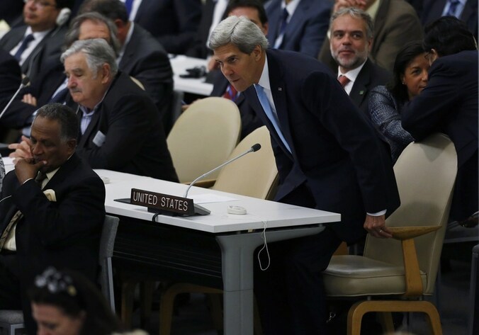 De Amerikaanse minister van Buitenlandse Zaken Kerry bij de algemene vergadering van de VN, vandaag.