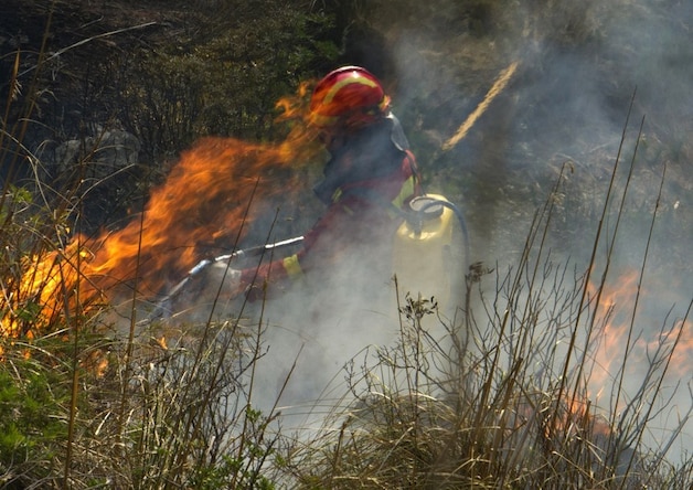 Een lid van een militaire eenheid blust een brand op Mallorca, in de buurt van Andratx.
