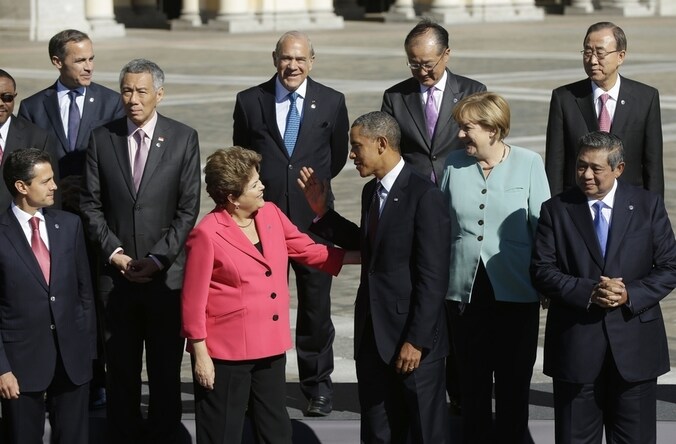 De G20-top in St. Petersburg, begin september. In het midden de Braziliaanse president Dilma Rousseff en de Amerikaanse president Obama.