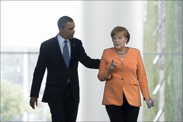President Obama en bondskanselier Merkel tijdens een recent bezoek van de Amerikaan aan Duitsland.