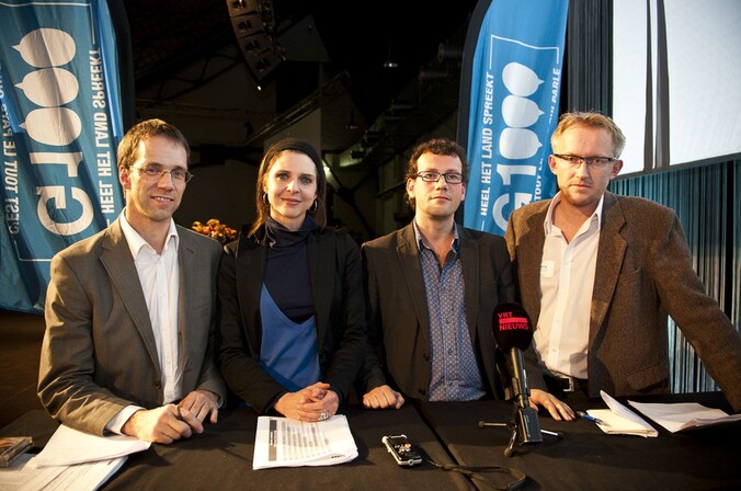 Initiatiefnemers Benoit Derenne, Francesca Vanthielen, Dave Sinardet en David Van Reybrouck
