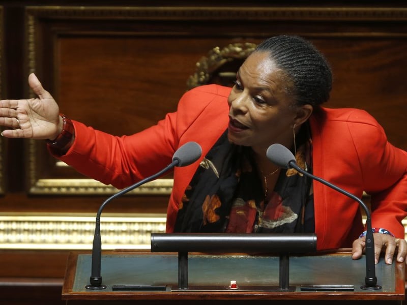 Frans minister van Justitie Christiane Taubira in de Franse Senaat.