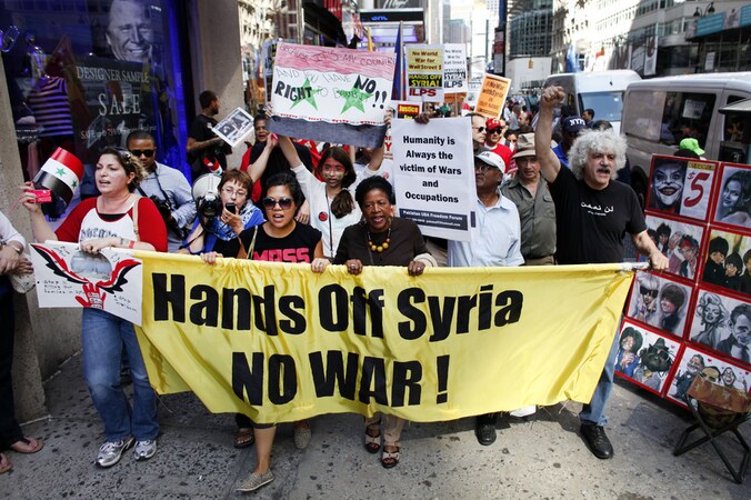 Protest in New York gisteren tegen het mogelijke militaire ingrijpen in Syrië.
