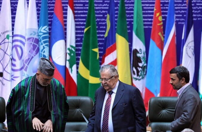 Afghaans president Karzai, Iraaks president Talabani en Iraans president Ahmadinejad.