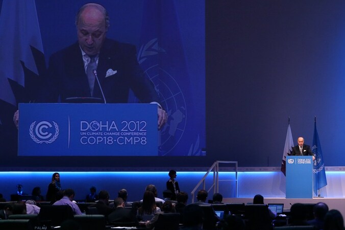 De Franse minister van Buitenlandse Zaken Laurent Fabius in Doha.