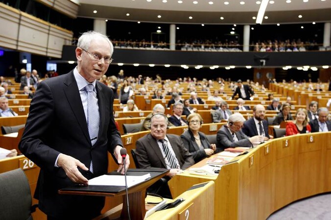 Europees president Herman Van Rompuy tijdens de plenaire sessie van het Europees parlement vandaag.