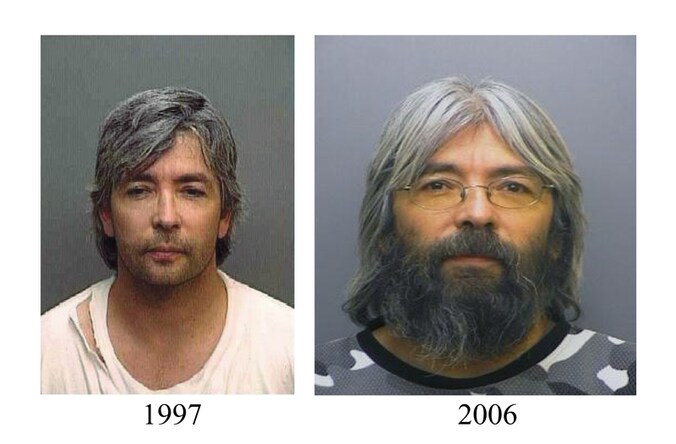 Faulkner bij een arrestatie zo'n 15 jaar geleden, en recenter met baard.