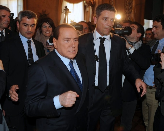 Voormalig Italiaanse premier Silvio Berlusconi eergisteren, tijdens de herdenking van de geboortedag van pasta-industrieel Pietro Barilla (1913-1993).