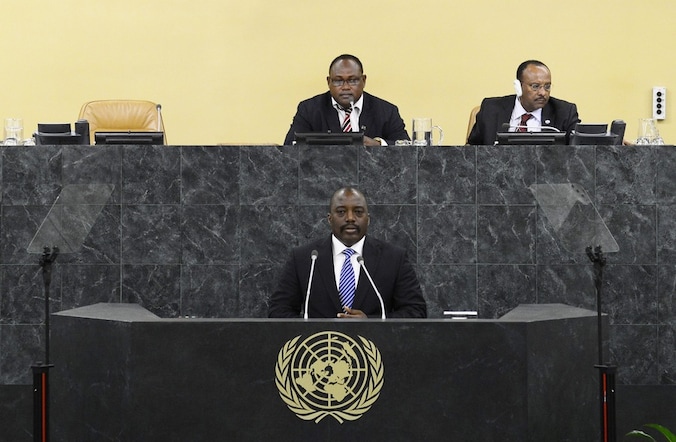 De Congolese president Joseph Kabila tijdens zijn speech op het VN-hoofdkwartier.