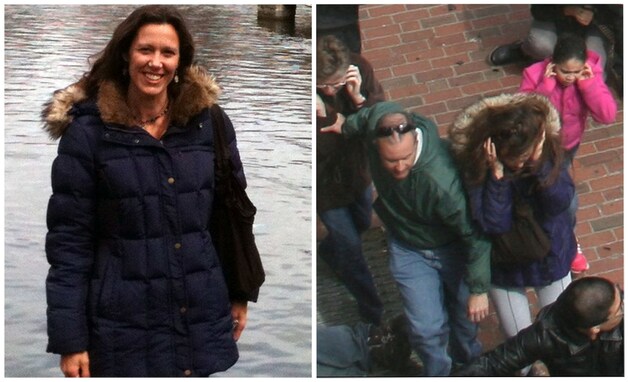 In een fotomontage zien we links Amy, de echtgenote van Joe Berti. Op de rechterfoto zien we hoe ze wegduikt tijdens de explosie in Boston.