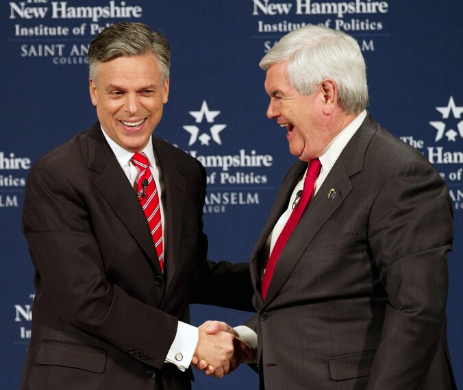 Twee van de zeven Republikeinse presidentskandidaten: Jon Huntsman en Newt Gingrich.