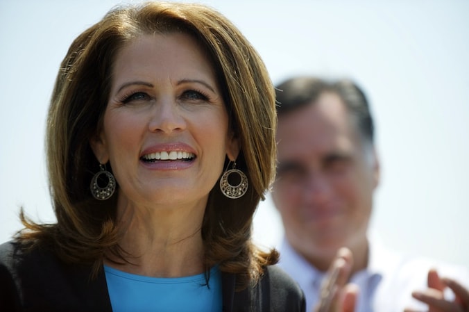 Michele Bachmann en Mitt Romney in Virginia op 3 mei.
