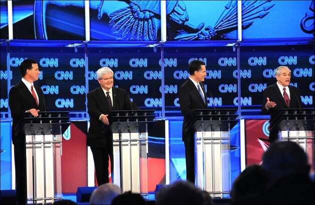 De kanshebbers tijdens het laatste debat in Florida.