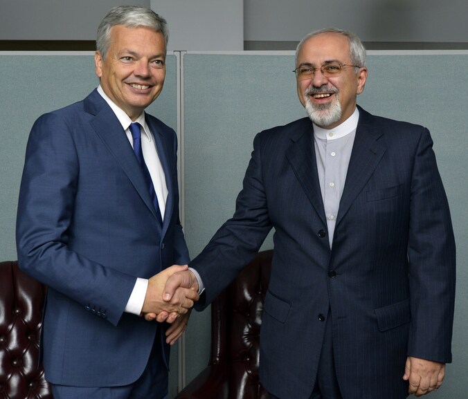 Minister van Buitenlandse Zaken Didier Reynders (L) met zijn Syrische evenknie Javad Zarif.