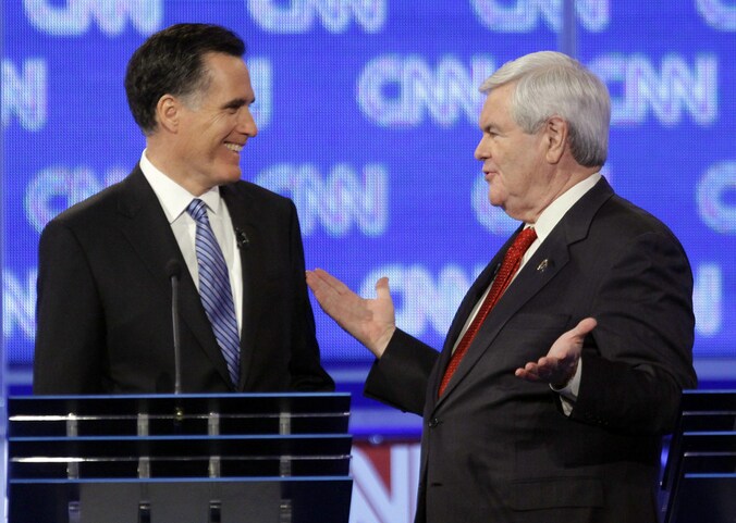 Mitt Romney en Newt Gingrich tijdens het CNN-debat gisterenavond.