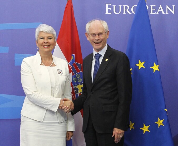 Herman Van Rompuy verwelkomt de Kroatische premier Jadranka Kosor tot de EU.