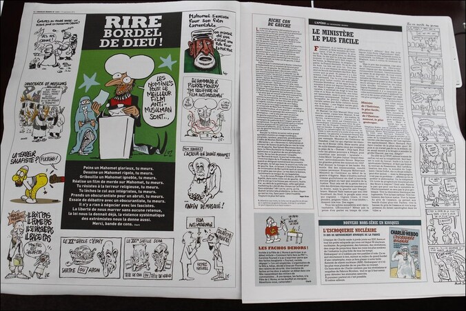 Illustratie van het Franse magazine Charlie Hebdo, dat gisteren de Mohammed-spotprenten publiceerde