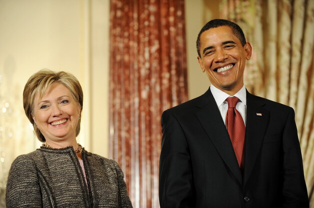 Clinton en Obama in 2009 op hun eerste werkdag in het Witte Huis