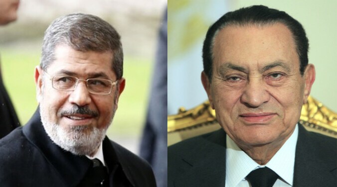 Mohammed Mursi en zijn voorganger Hosni Moebarak