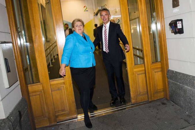 Oppositieleider Erna Solberg en premier Jens Stoltenberg.