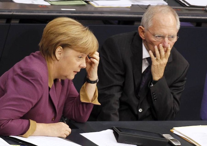 Angela Merkel met minister van Financiën Wolfgang Schäuble