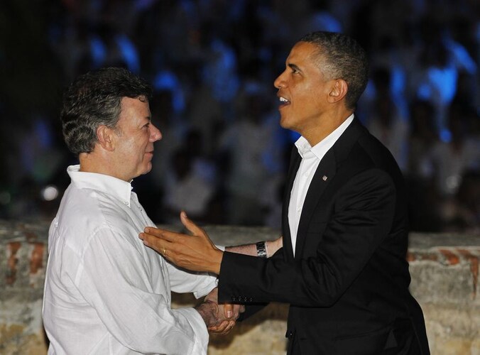 De Colombiaanse president Juan Manuel Santos met Barack Obama, de president van de Verenigde Staten