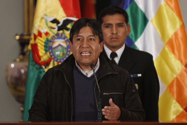 De Boliviaanse minister van Buitenlandse Zaken David Choquehuanca dinsdag tijdens een persconferentie in La Paz.