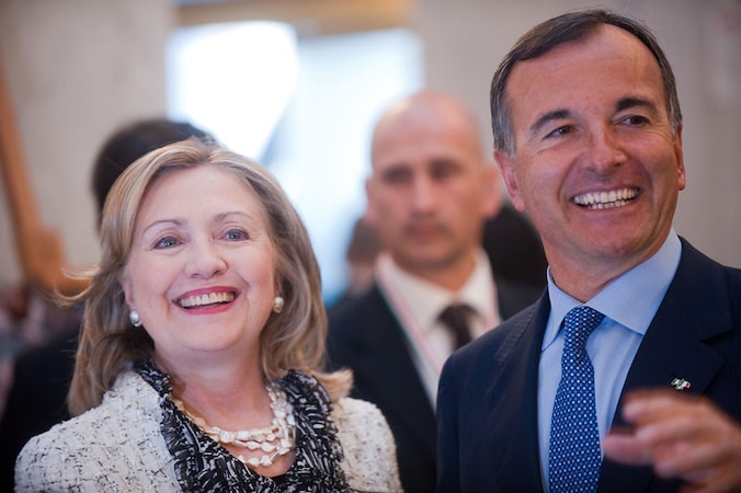 Ministers van Buitenlandse Zaken Hillary Clinton en Franco Frattini op het topoverleg in Rome.