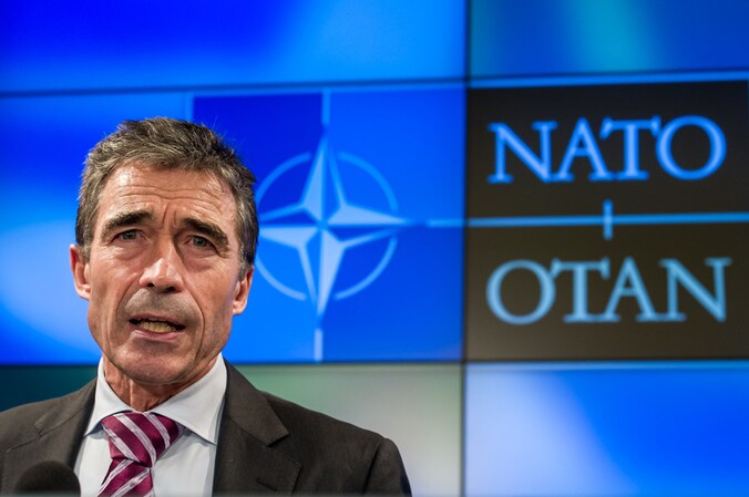 Anders Fogh Rasmussen op een persbijeenkomst vandaag in Brussel.