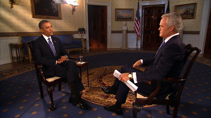 President Obama tijdens een van de 6 interviews die hij gisteren aan de grote Amerikaanse nieuwsnetwerken gaf over de mogelijk aanval op Syrië.