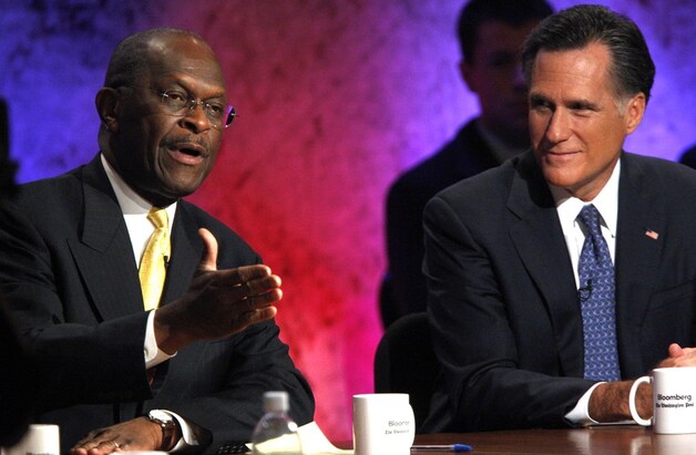 Dit zijn momenteel Obama's uitdagers: Herman Cain en Mitt Romney.