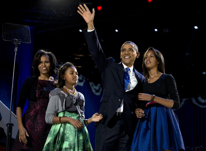 Barack Obama en zijn familie op de dag van zijn herverkiezing.