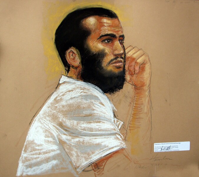 De nu 23-jarige Omar Khadr, getekend in de rechtbank.