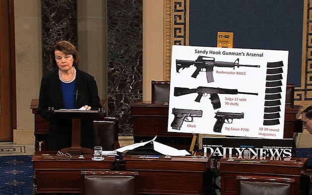 Senator Dianne Feinstein praat in de senaat over het wapenbeleid.