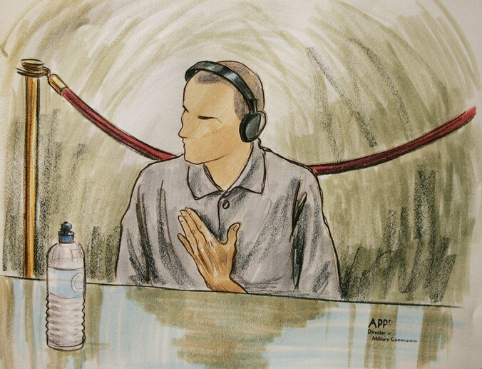 Een schets van Ali Hamza al-Bahlul voor een militaire rechtbank op Guantanamo.