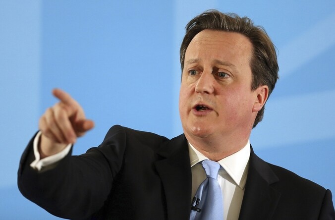 De Britse premier Cameron tijdens zijn speech over immigratie, afgelopen week in Ipswich.