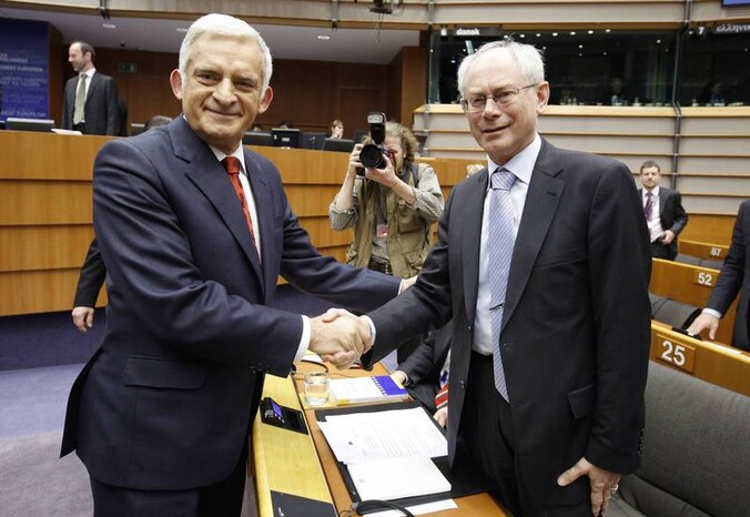 De voorzitter van het Europees Parlement Jerzy Buzek met Herman Van Rompuy.