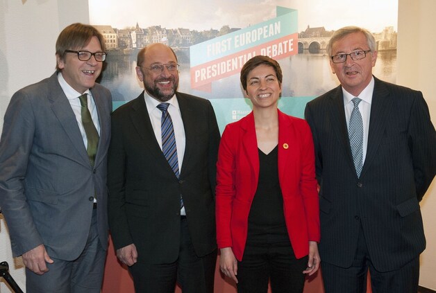 De kandidaten namens het Europees parlement: Verhofstadt, Schultz, Keller en Juncker.