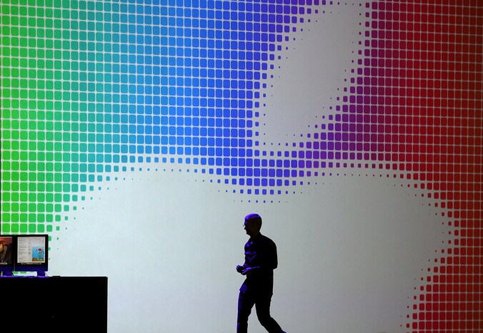 Apple-CEO Tim Cook tijdens de keynote die Apple gisteren in San Francisco gaf.