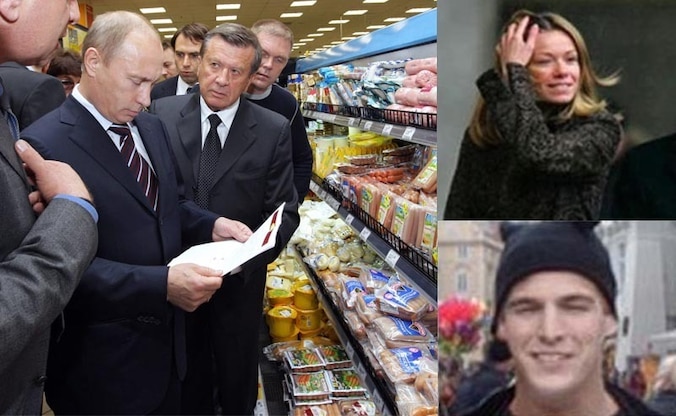President Poetin, hier in een supermarkt in Moskou, zou in Voorschoten een bezoek aan de Albert Heijn gebracht hebben. Zijn dochter Maria (inzet rechtsboven) woont daar met de Nederlander Jorrit Faassen (inzet rechtsonder).