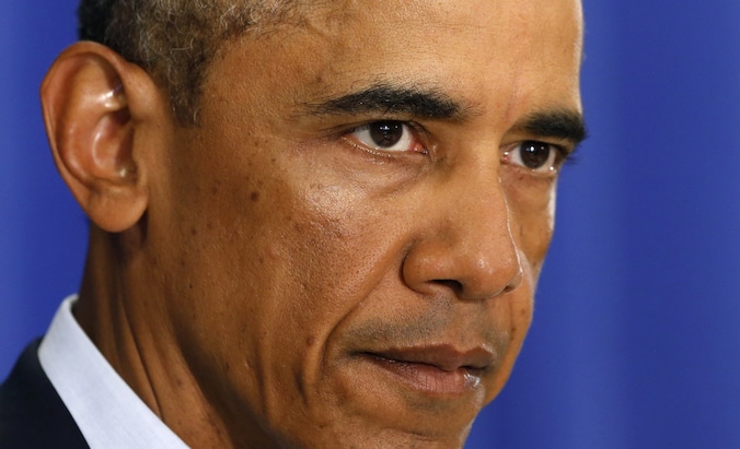 De Amerikaanse president Barack Obama vandaag tijdens een persconferentie in Martha's Vineyard.