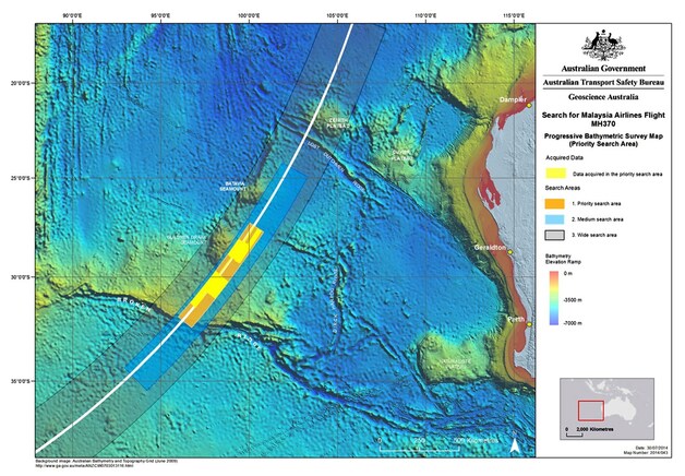 Het nieuwe zoekgebied voor de MH370.
